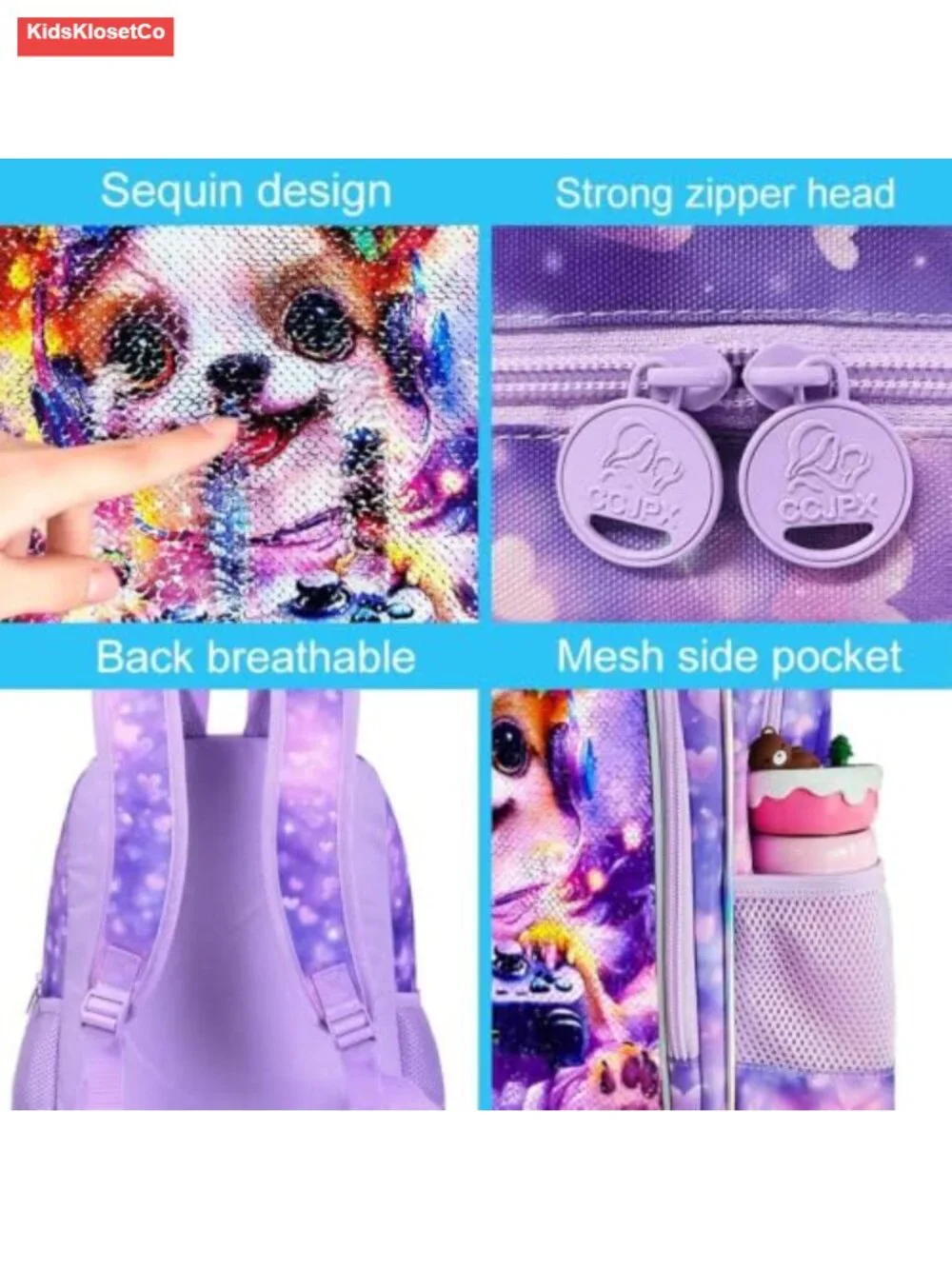 Girls Sequin Dog Backpack Set with Lunch Box